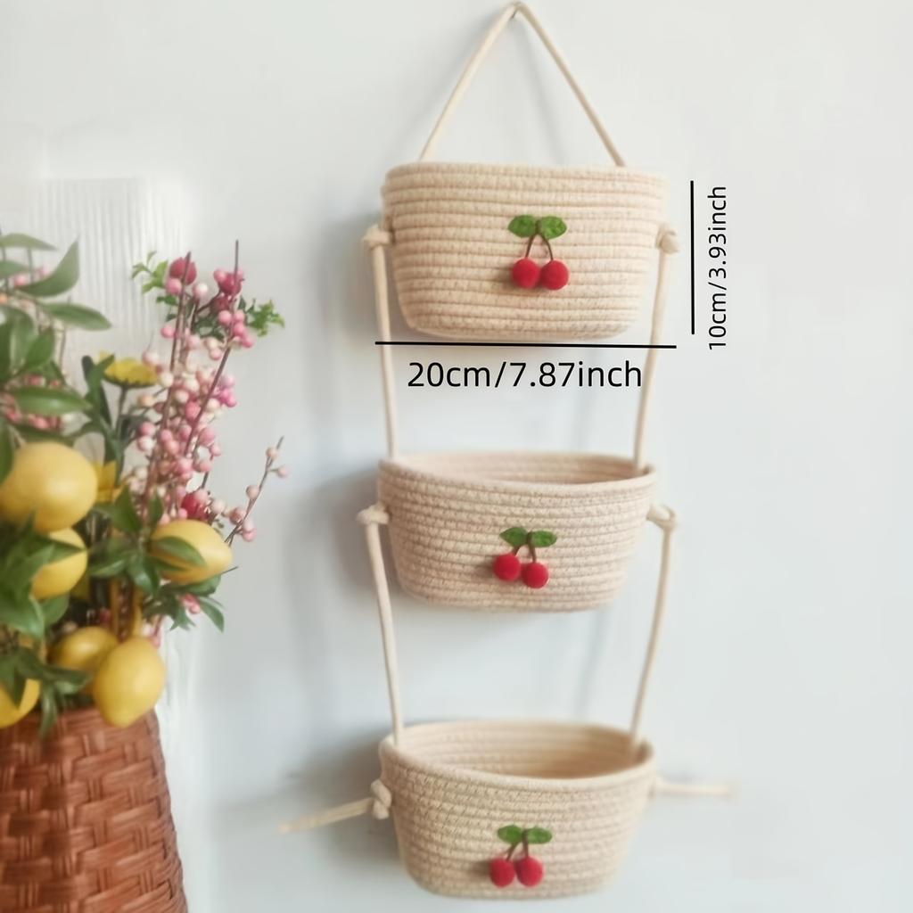 Farmhouse 3-Tier Hanging Basket. Hand-Woven Wall & Desk Storage. Detachable Rope. Perfect Home Organizer, Stylish Room Decor.