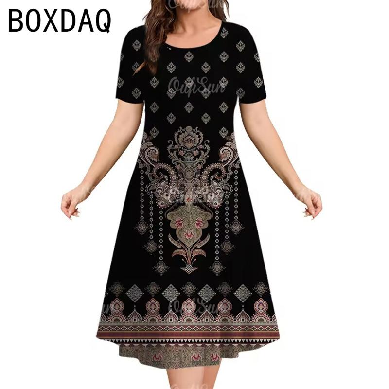 Women's Vintage Bohemian Ethnic Print Dress Summer Big Size Short Sleeve O-Neck  Casual Dress Elegant Ladies Mini A-Line Dress