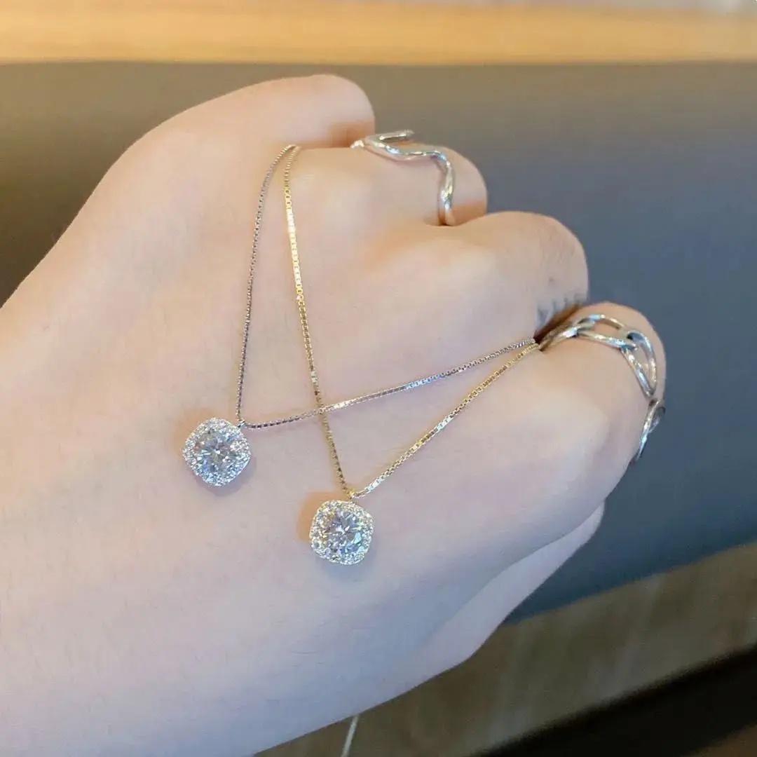

Small Square Diamond Necklace Women s Style Luxury Minimalist Design Clavicle Chain Sweater Chain Pendant Silver
