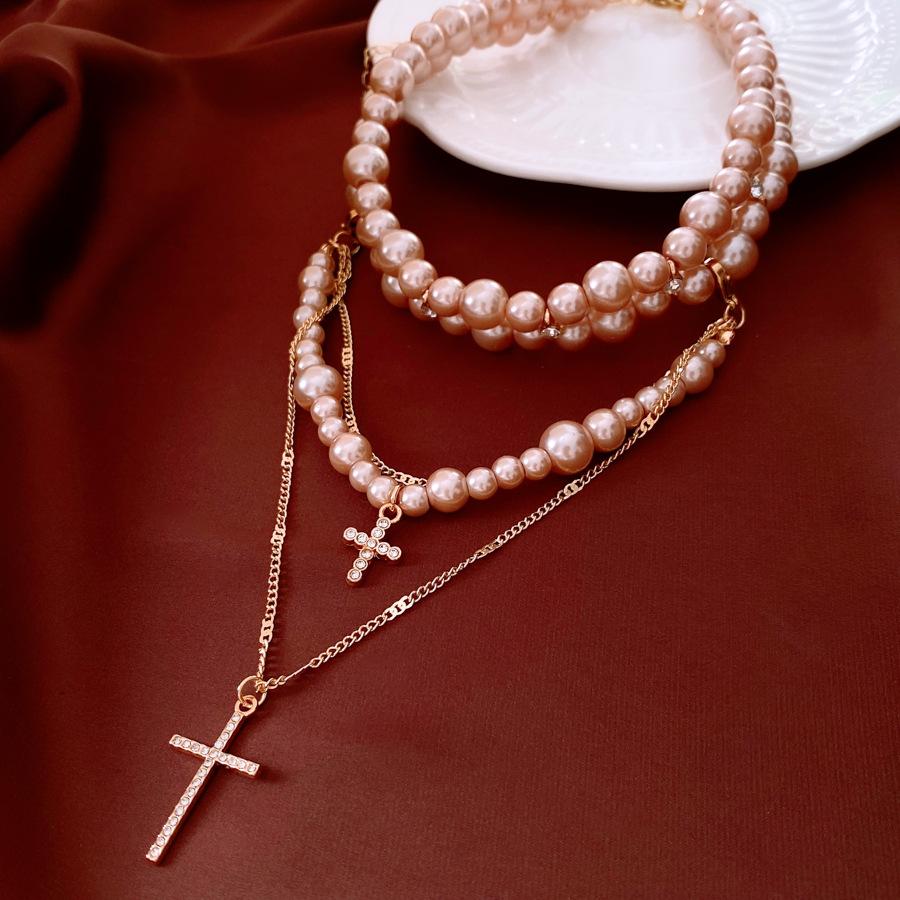 

Pearl-encrusted Diamond Multi-layer Cross Pendant Necklace Retro Light Luxury Temperament Sweater Chain Personalized Versatile Necklace