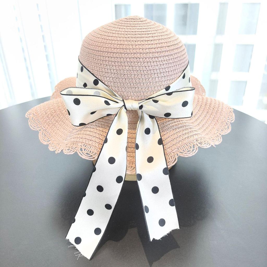 Girls' Korean Style Straw Beach Sun Hat with Sunscreen and Matching Bag