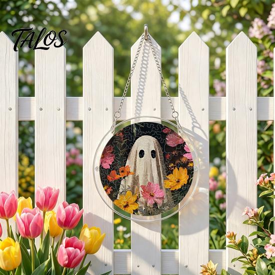 Elegant Halloween Glass Effect Ornament Acrylic Suncatcher Jigsaw Puzzle Set, Spooky Ghost Floral Meadow Window Hanging with Metal Sturdy Frame Decor