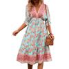 Women's Fashionable V Neck Floral Print 3/4 Sleeved Bohemian Vacation Beach Dress