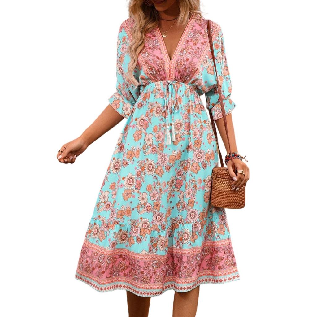 Women's Fashionable V Neck Floral Print 3/4 Sleeved Bohemian Vacation Beach Dress
