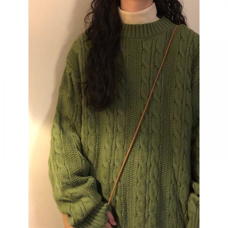 Vintage American Style Braided Knit Sweater Loose Fit Round Neck Pullover Teens