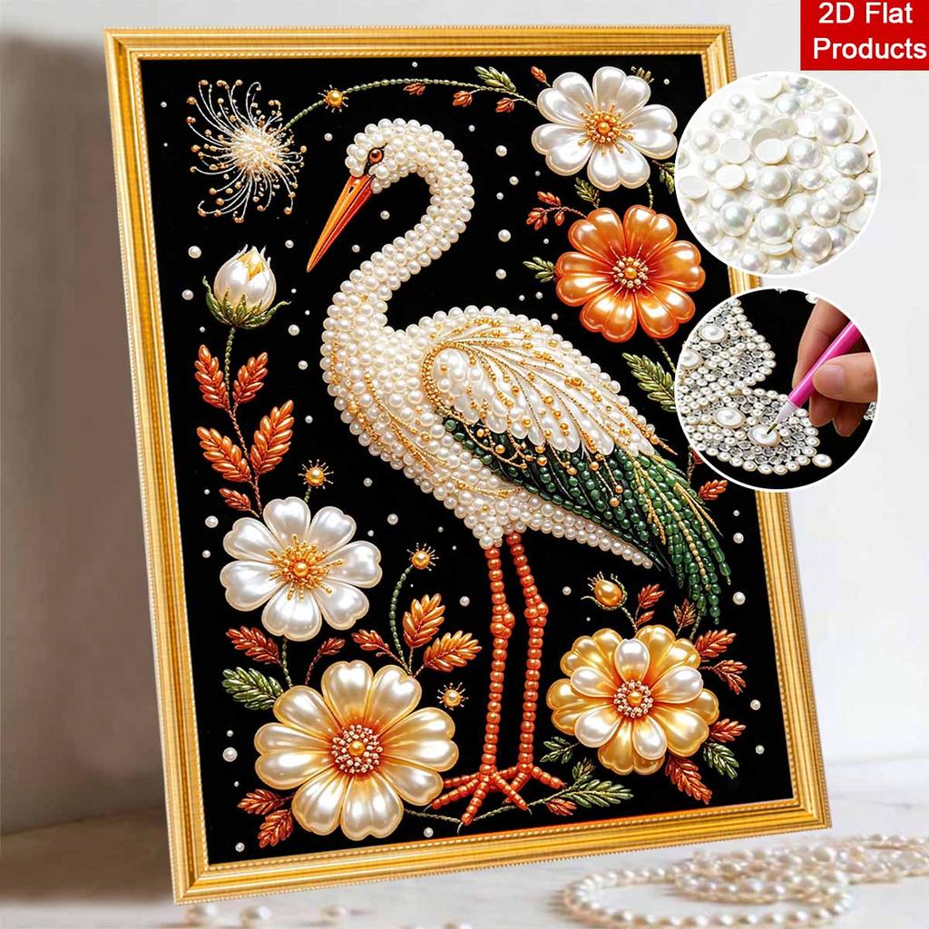 Framed Pearl Bead Painting Kit Elegant Crane and Flowers DIY Shiny Canvas Art Relaxing Craft for Desk Wall Decor Handmade Embroidery Gift Project