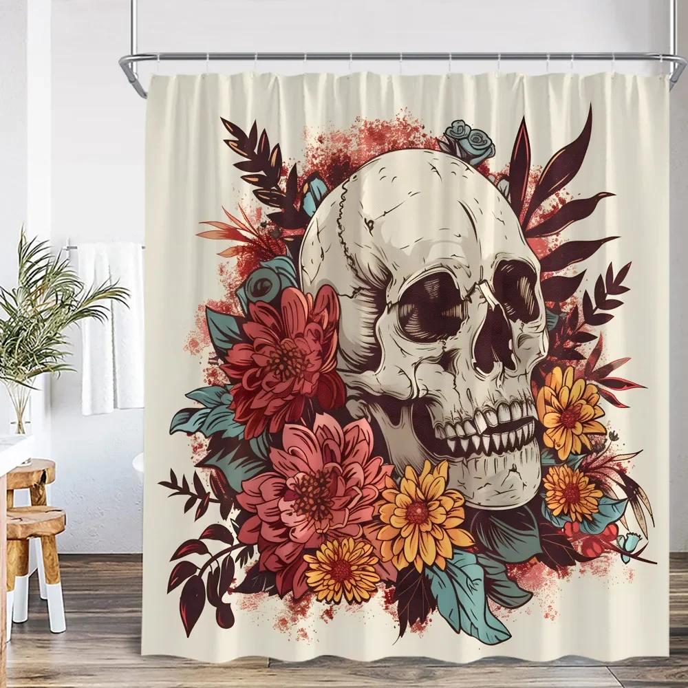 Bohemisk Dödskalle Blomma Duschdraperi Blomma Vintage Växt Blad Glad Halloween Badrumsdekoration Polyester Badkarsdraperi