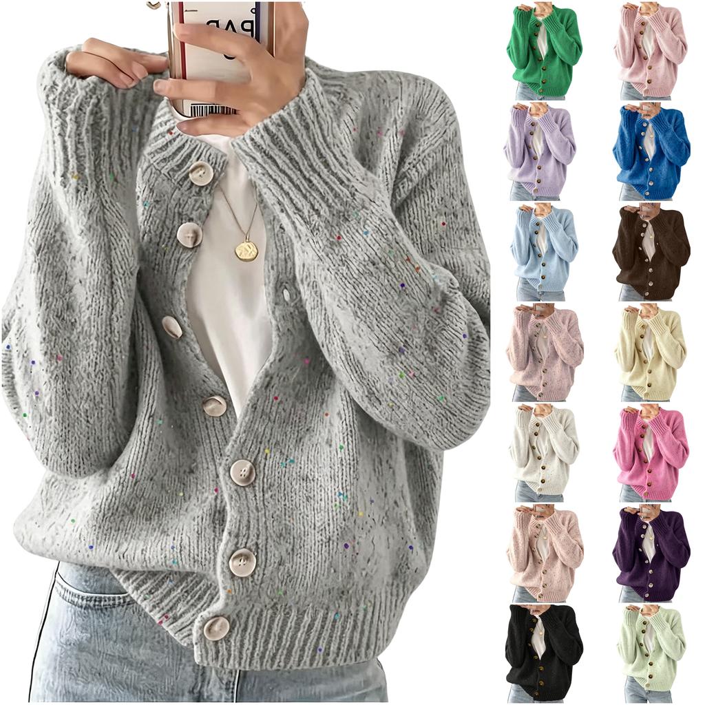Women's Long Sleeve Button Front Round Neck Knit Cardigan for Casual Everyday Wear