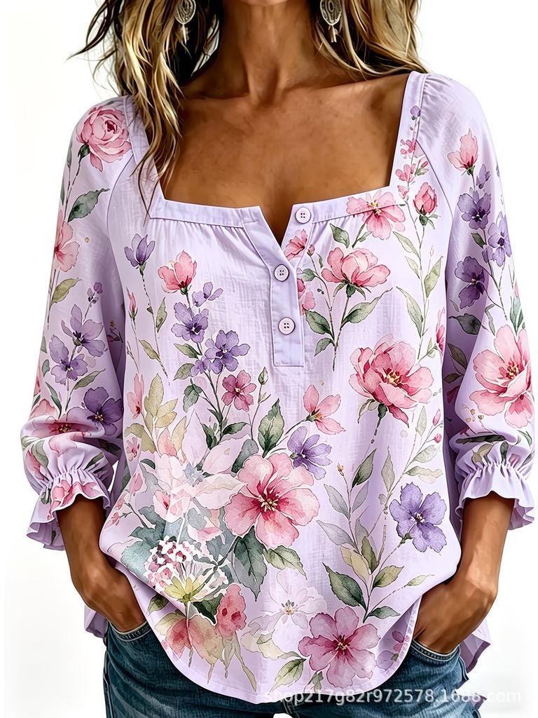New Xiyin Summer T-Shirt Women's Printed Square Neck Button Bubble Sleeve Women's Top Women's