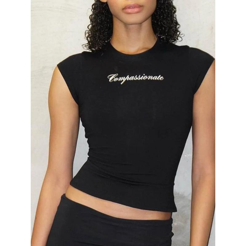 Y2k Streetwear Crop Tops Letter Print Black Tees Short Sleeve Graphics T Shirt Womens 2023