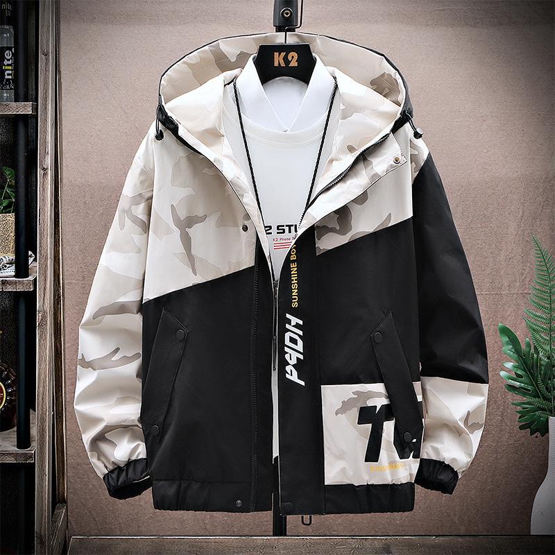Spring and Autumn Men's Large Size Printed Jackets Youth Hooded Versatile Fat Tops for Men