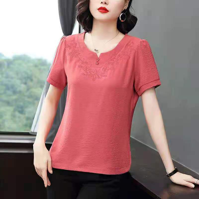 Summer Solid Color Chiffon Shirt NEW O-Neck Short Sleeve Lace Pullover Shirt Korean Elegant Casual Blouse