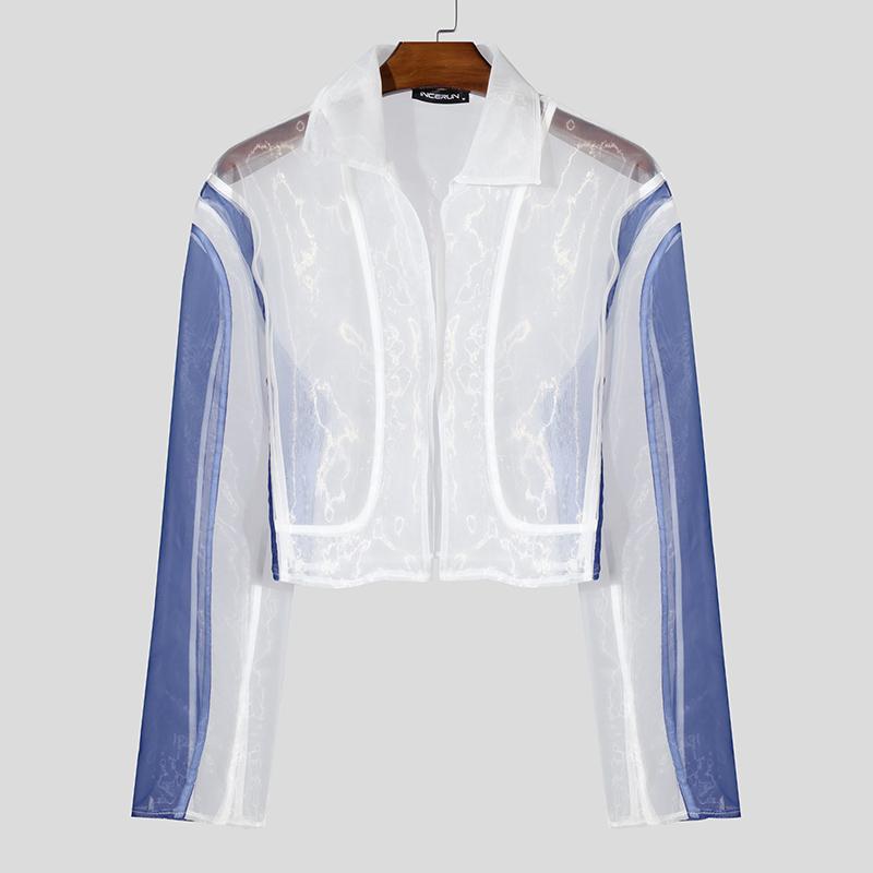 INCERUN Sexy Men Stitching Perspective Long-sleeved Mesh T-shirt Tops