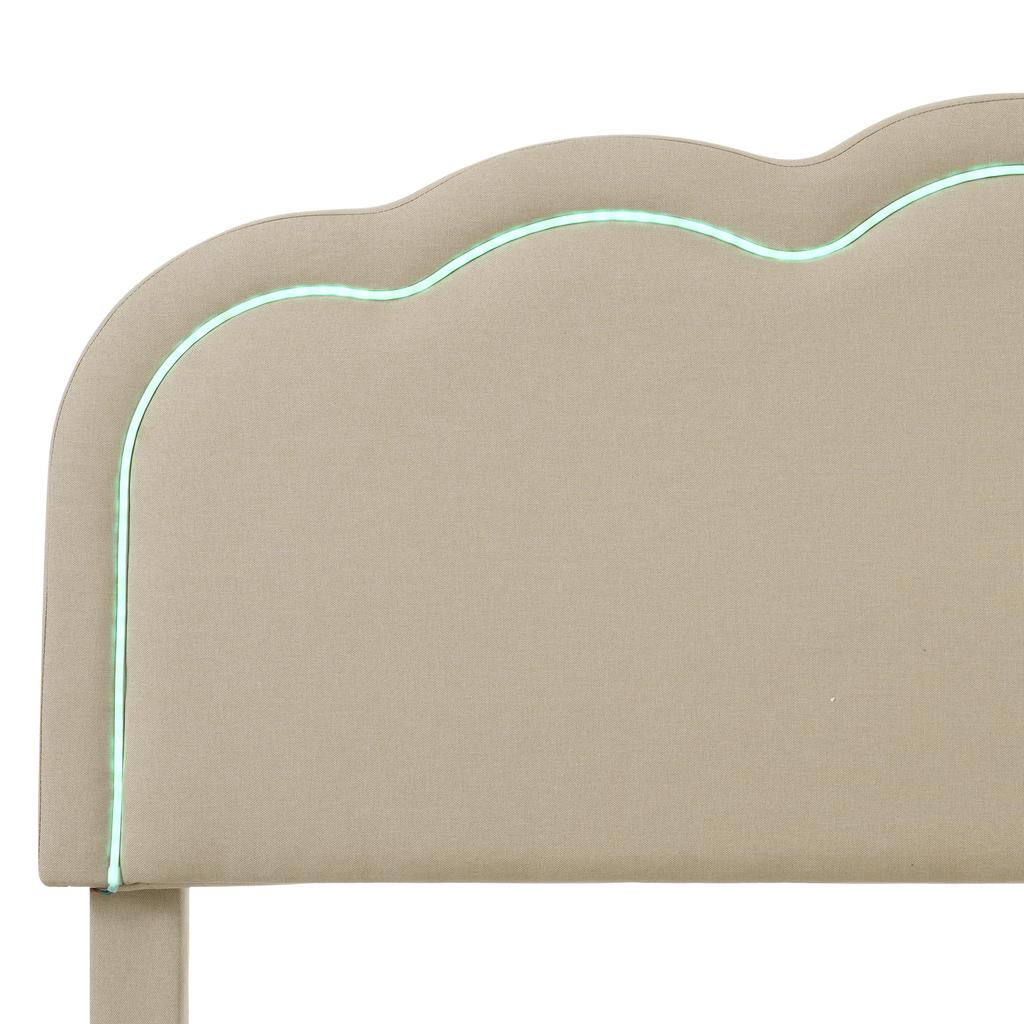 Upholstered Bed LED Single Bed 90 X 190 Cm, Slatted Frame and Adjustable Headboard, In Beige, Youth Bed for Bedroom Guest Room - Linen Material