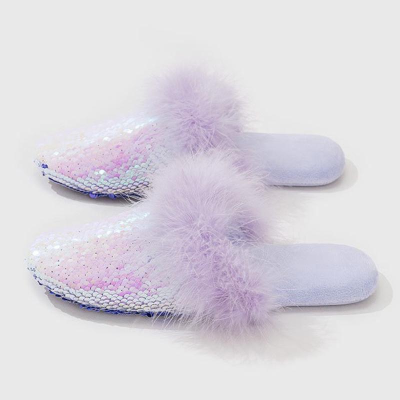 

Модные роскошные шлепанцы с пайетками и перьями, женские уютные пушистые домашние тапочки на мягкой подошве, дизайнерские хлопковые тапочки модного бренда 40-41 фиолетовый