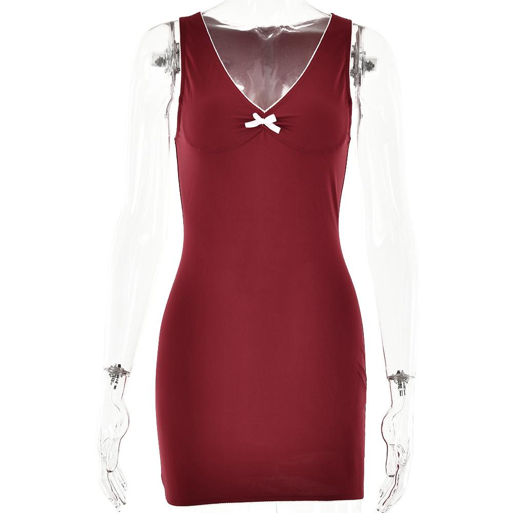 European and American ins cross-border new summer dress V-neck sleeveless bow dress Sexy Spice Girl Slim Skirt S бордовый