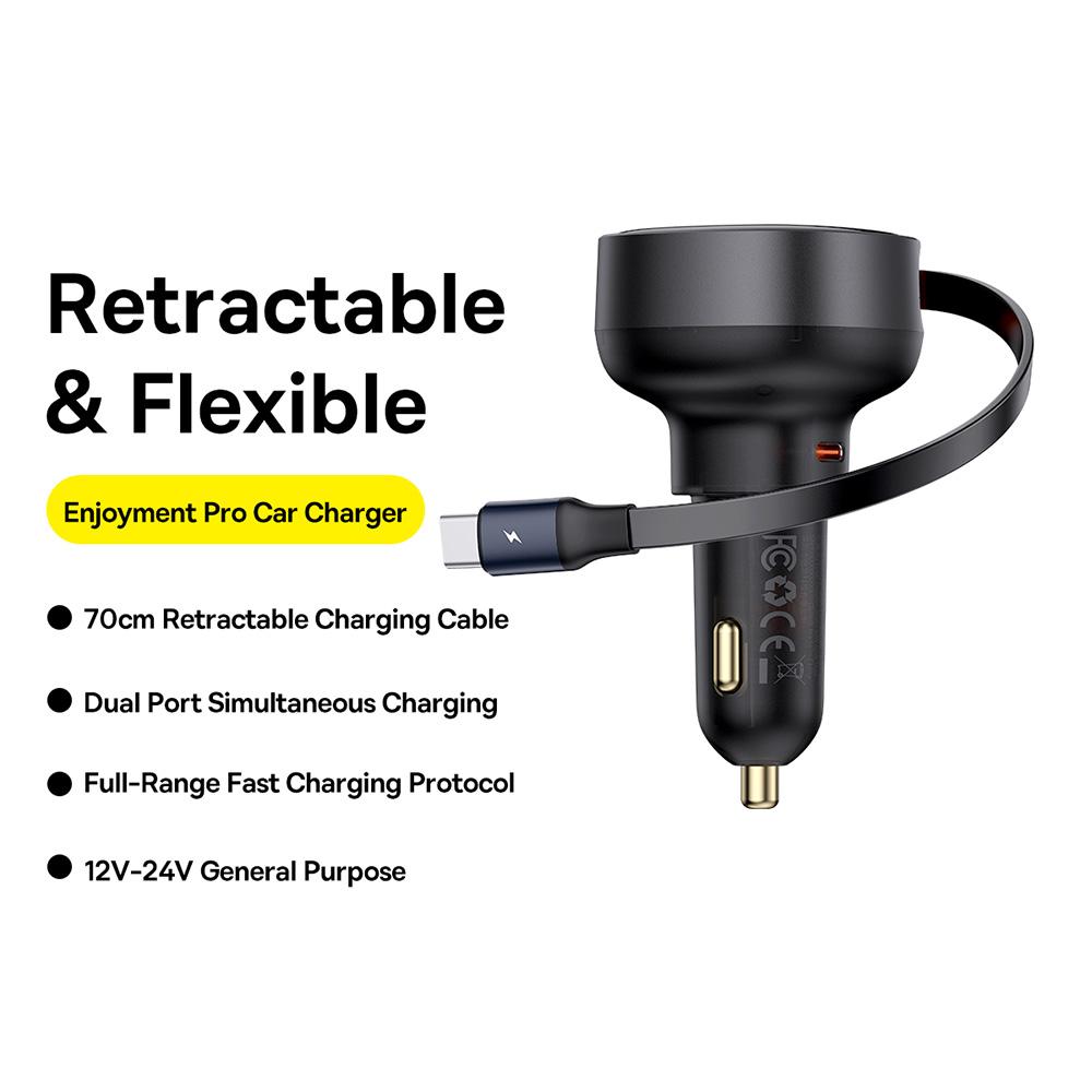 

BASEUS Enjoyment Pro 60W Car Charger Type-C Port Power Adapter with Retractable Type-C Cable Black