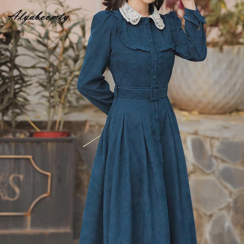 Mori Girl Autumn Winter Women Long Shirt Dress Blue Beading Vintage Buttons Dress Corduroy Elegant Feminine Dress With Belt