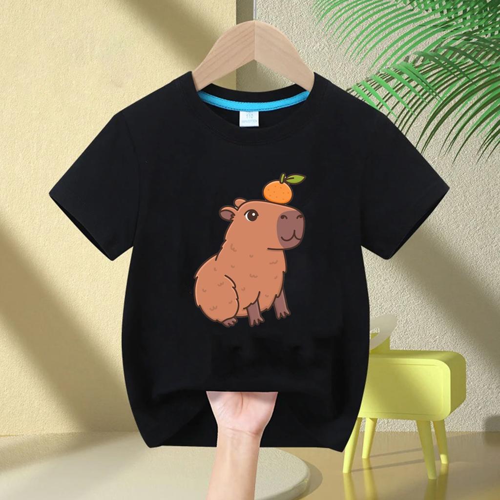 Cute Capybara Children's T-shirt Love Bubble Balloon Print Summer Children's Cotton Short-sleeved Casual Tops Boys Girls Birthda