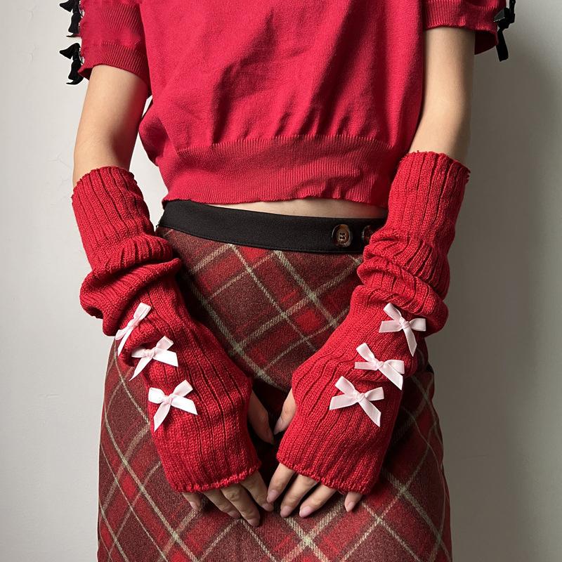 Red Knitted Arm Cover Hip-Hop Long Fingerless sleeves Stretchy Elbow Decoration Thumb Hole Gloves Teens Cosplay