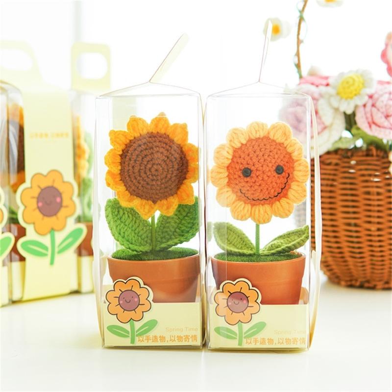 Crochet Woven Flowers Potted Plant Ornament Playful Touch Long Lasting Display for Gifting Decorating Living Room