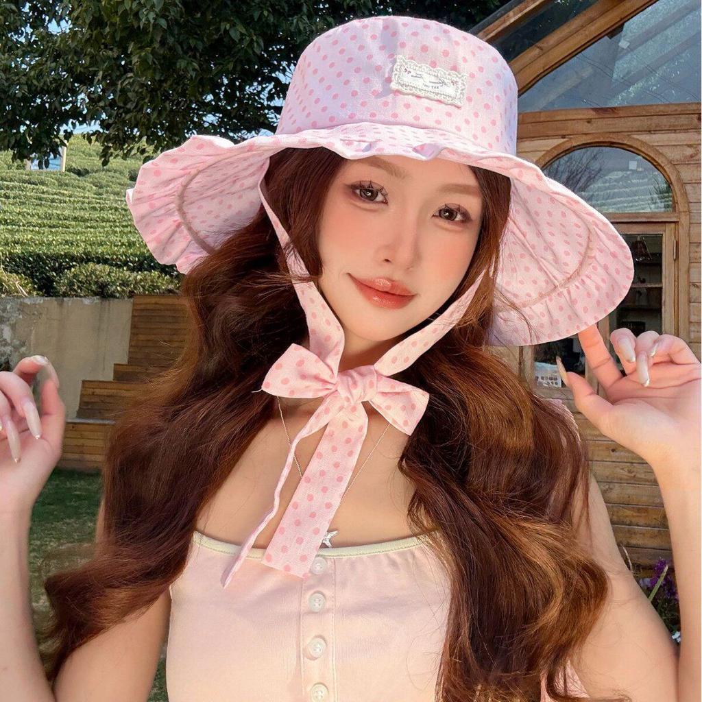 Korean Polka Dot Fisherman Hat for Women, Summer Outing, Lace-Up Strap, UV Protection, Wide Brim Sunshade Sun Protection Hat
