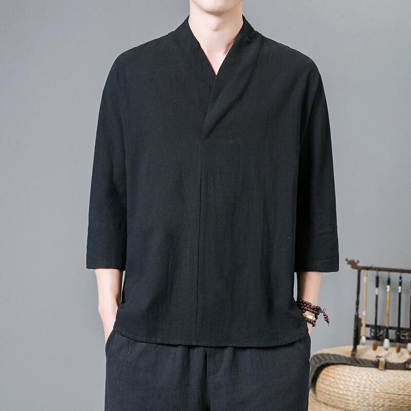 Spring Summer 2025 New Chinese Style T-Shirts Fashion Men Three-Quarter Sleeve V-Neck Tops Tees Men Casual Solid-Color Hanfu