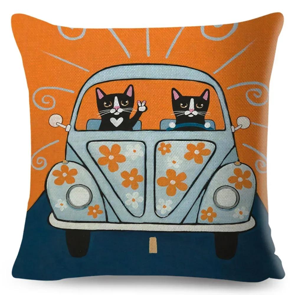 Cartoon Driving Car Cat Cushion Cover Decor Cute Pet Animal Pillowcase Polyester Pillow Case for Sofa Home Children Room