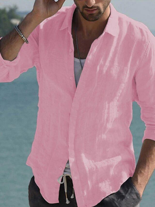 Men's Cross-Border Linen Spring and Summer Beach Long Sleeve Solid Color Casual Shirt Daily Shirt