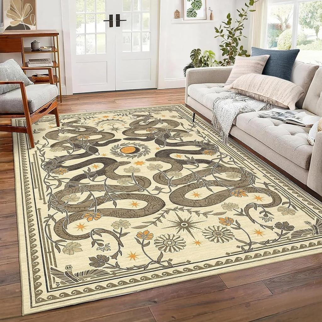 Serpentine Pattern Carpet Oriental Floral Rug Classic Border Mat Beige Brown Vintage Living Room Mat Home Decoration Floor Rug