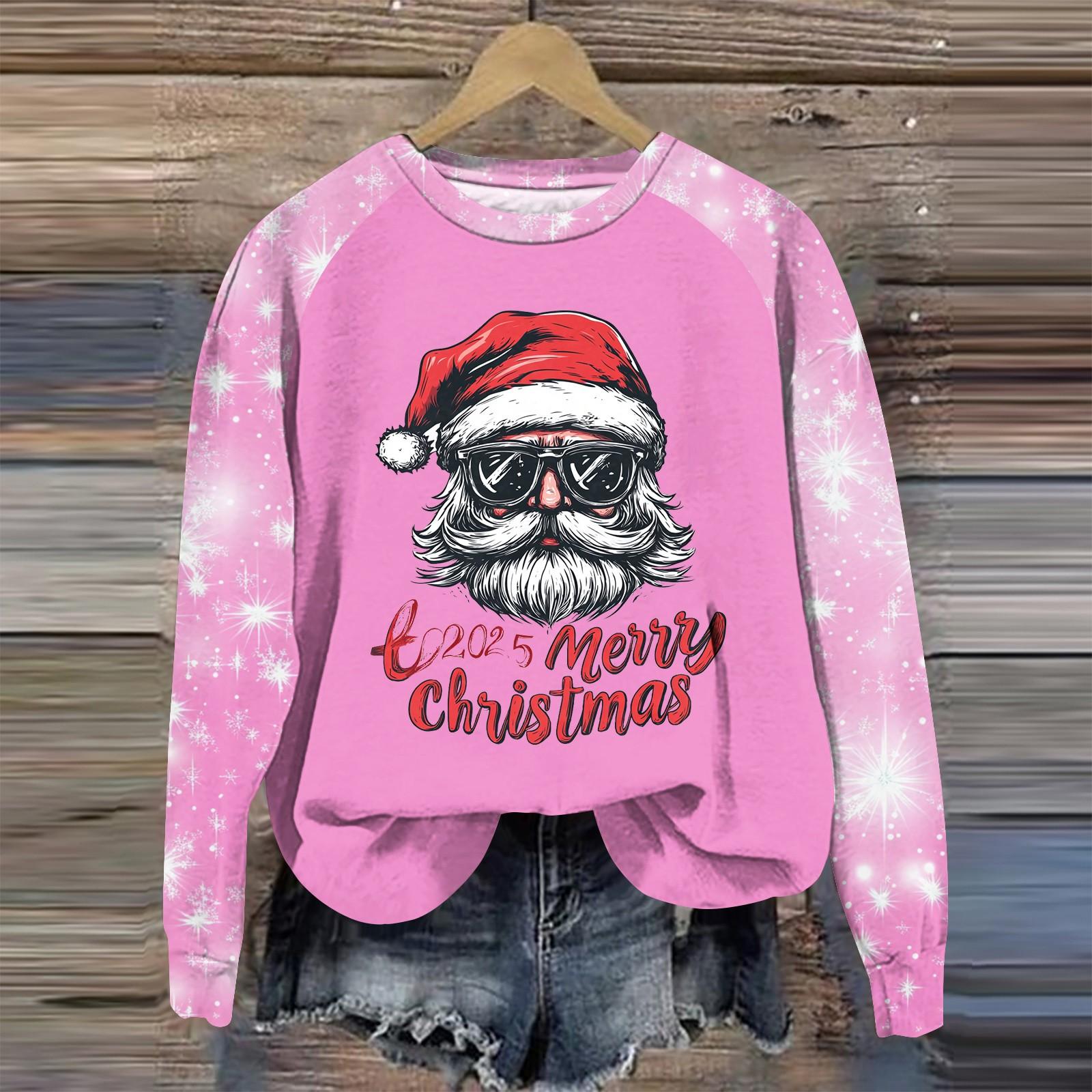 

Женская мода круглый вырез пуловер с глубокими рукавами футболка с рождественским принтом топ XXXL розовый