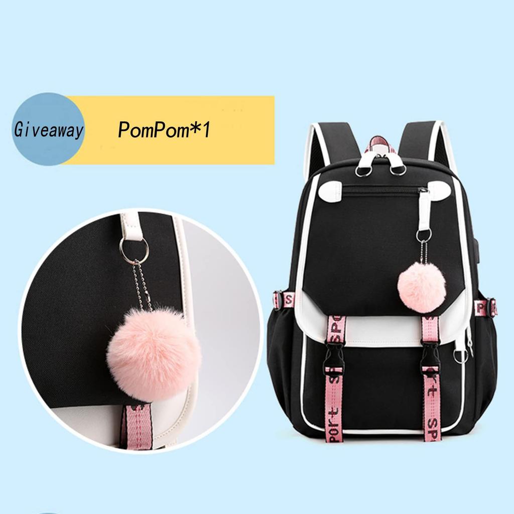 Movie Peripheral Print Backpack, School Bag Student Campus With Plush Ball Backpack With USB Port