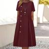 Summer O Neck Buttons A-line Loose Dress Short Sleeve Elegant Pleated Casual Dress Large Size Party Solid Color Fashion Ladies Female Simple Clothing