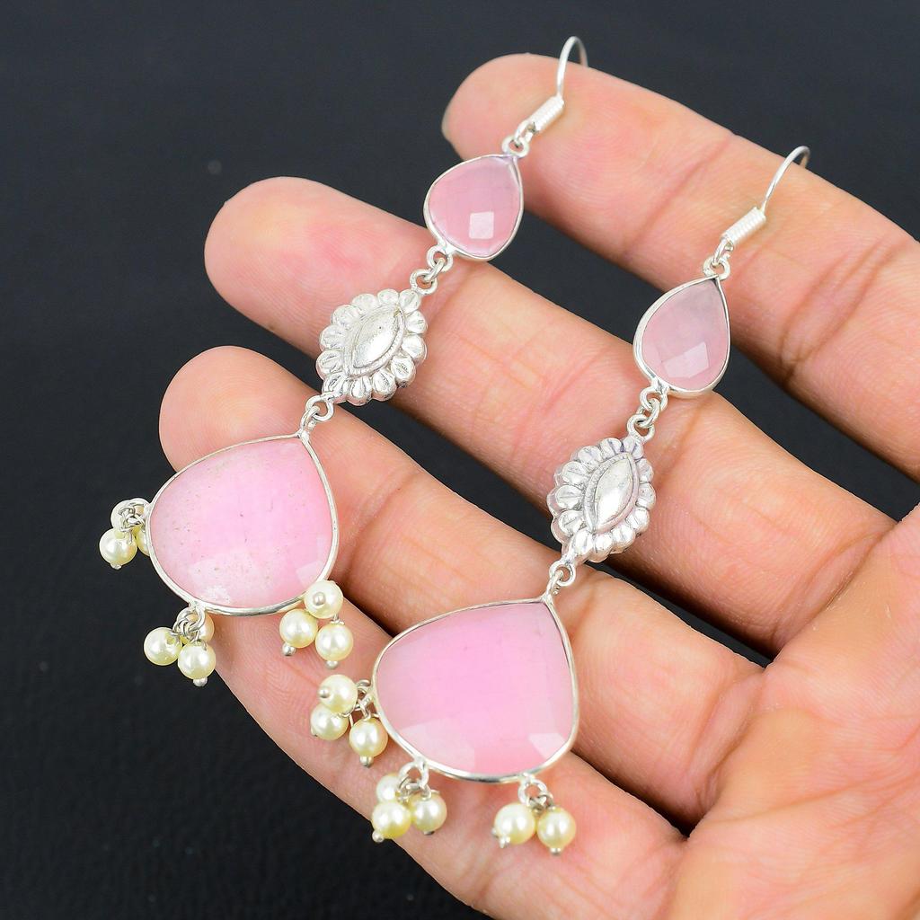 925 Silber Birne Natürlicher Rosa Chalcedon Tochter Handgefertigt Hängend Ethnische Ohrringe