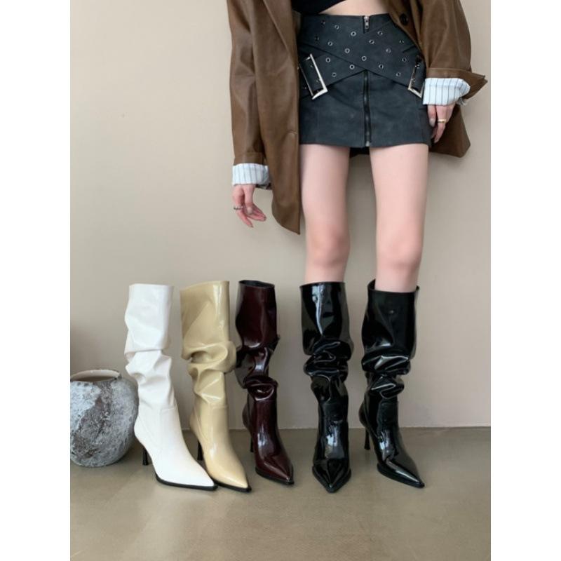 2025 autumn and winter new fashion high-heeled pointed temperament stacking boots long boots fashion patent leather thin boots show