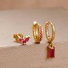 3PCS Rose Red Cubic Zircon Stainless Steel Hoop Earrings Set 18K Gold Plated Huggie Pendant Piercing Earring Women's Jewelry