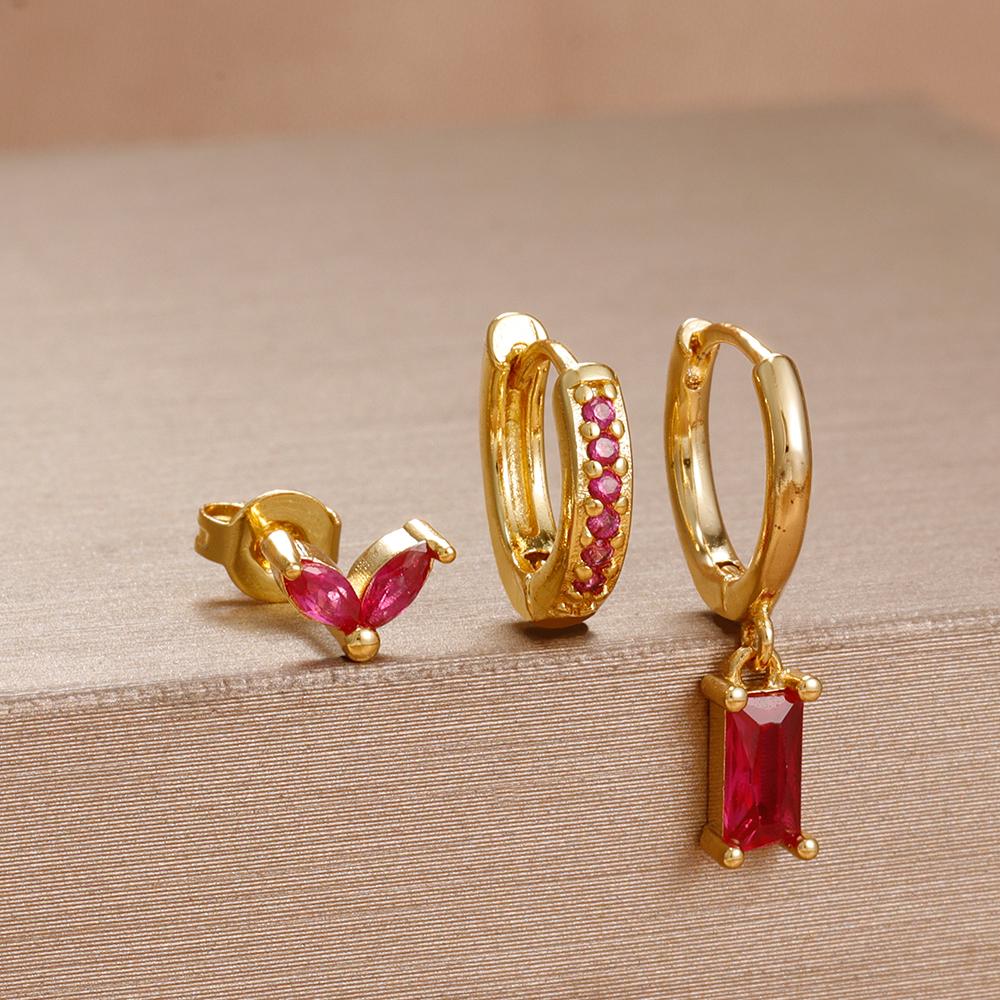 3PCS Rose Red Cubic Zircon Stainless Steel Hoop Earrings Set 18K Gold Plated Huggie Pendant Piercing Earring Women's Jewelry