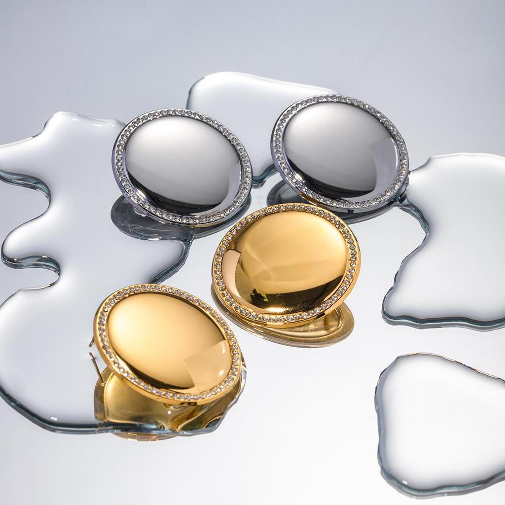 18k Gold-Plated Stainless Steel Diamond Inlaid Round Disc Earrings