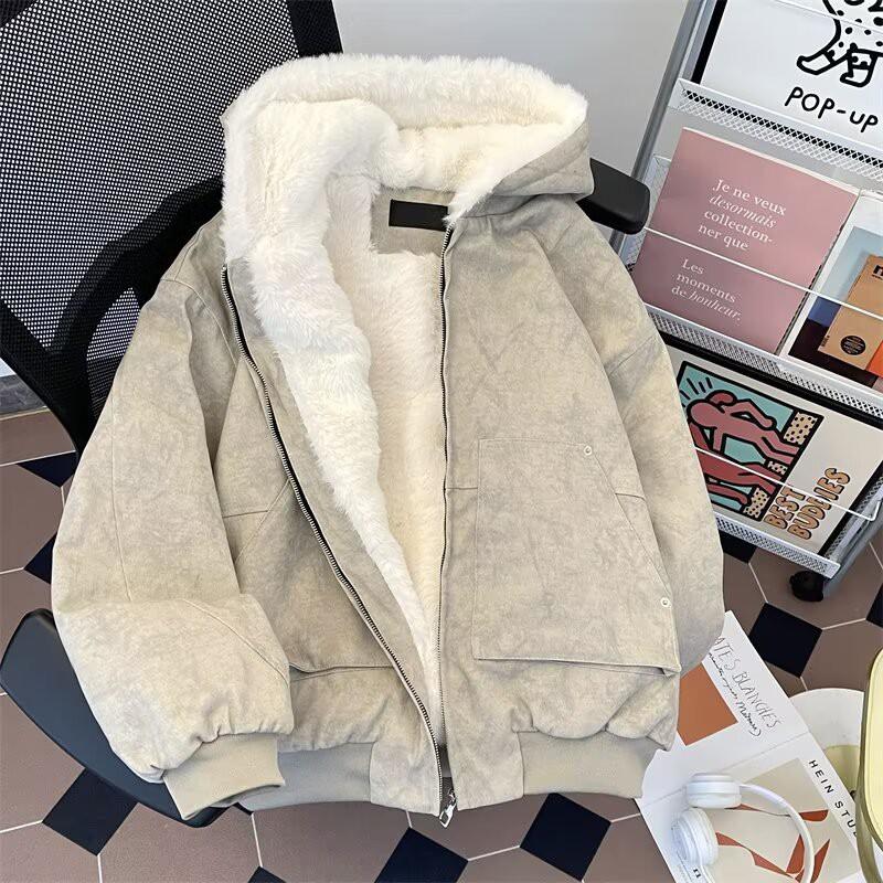 Oversized Hooded Zip-Up Fleece-Lined Cotton Jacket Men Women Winter Warm Loose Casual Outerwear