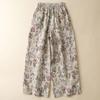 DIMANAF 2026 Summer New Plus Size Women Long Pants Cotton Linen Vintage Loose Elastic Waist Casual Lady Bottoms Print Floral