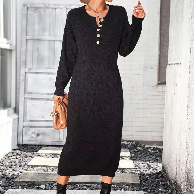 IHUASU Podzimní a zimní knoflíkové pletené šaty Módní Temperament Commuter Dámský svetr