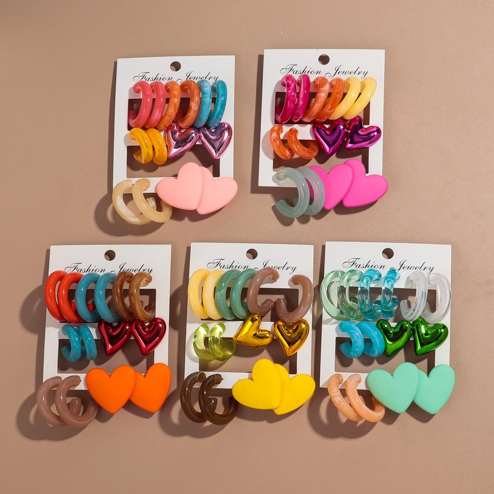 New Korean 7pair Colorful Circle Acrylic Hoop Earring for Women Vintage Geometric Heart Stud Earrings Statement Jewelry Set Gift
