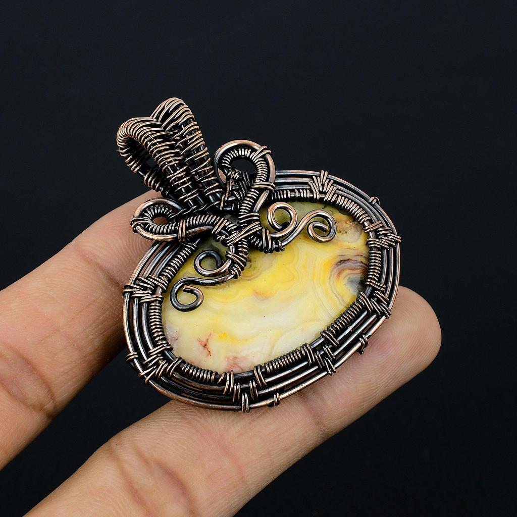 Yellow Laguna Lace Agate Pendant Gemstone Handmade Jewelry,  999 Copper Wire Wrapped Pendant, Gift For Wife Jewelry