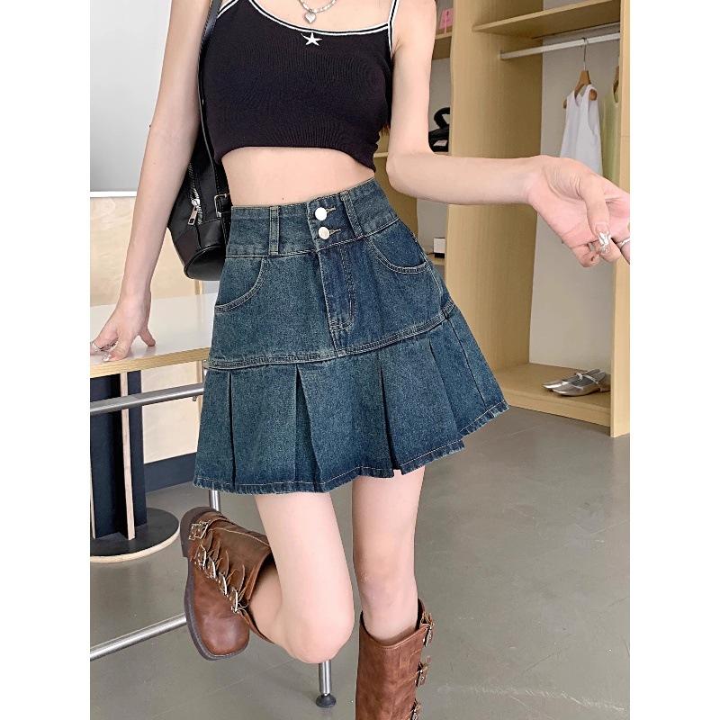 Summer Plus Size High Waisted Pleated Denim Skirt A Line Bodycon Short Skirt
