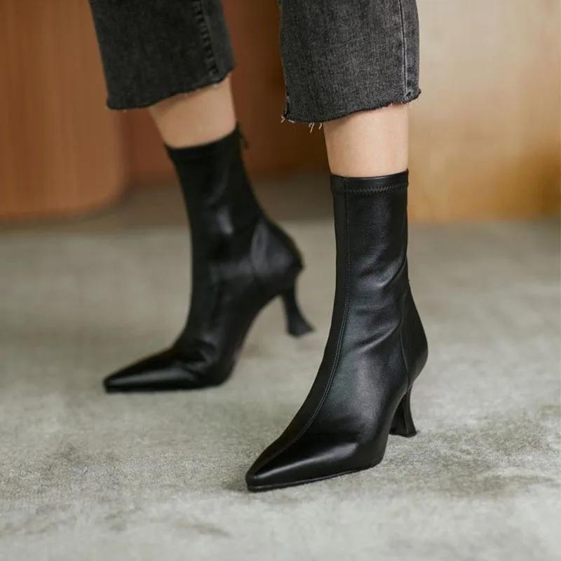 Fashion Women Pointy Brown Soft Leather Brown Elastic Boots Famele Stiletto Heels Shoes Ladies Ankle Boots Back Zipper Commuter Boots