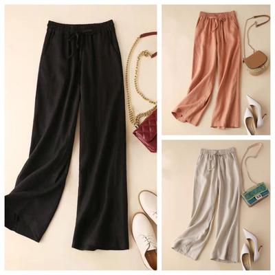 Retro Cotton and Linen Wide-leg Pants Women's Summer Elastic Waist Ankle-Length Pants Lace-up Solid Versatile Loose Casual Pants