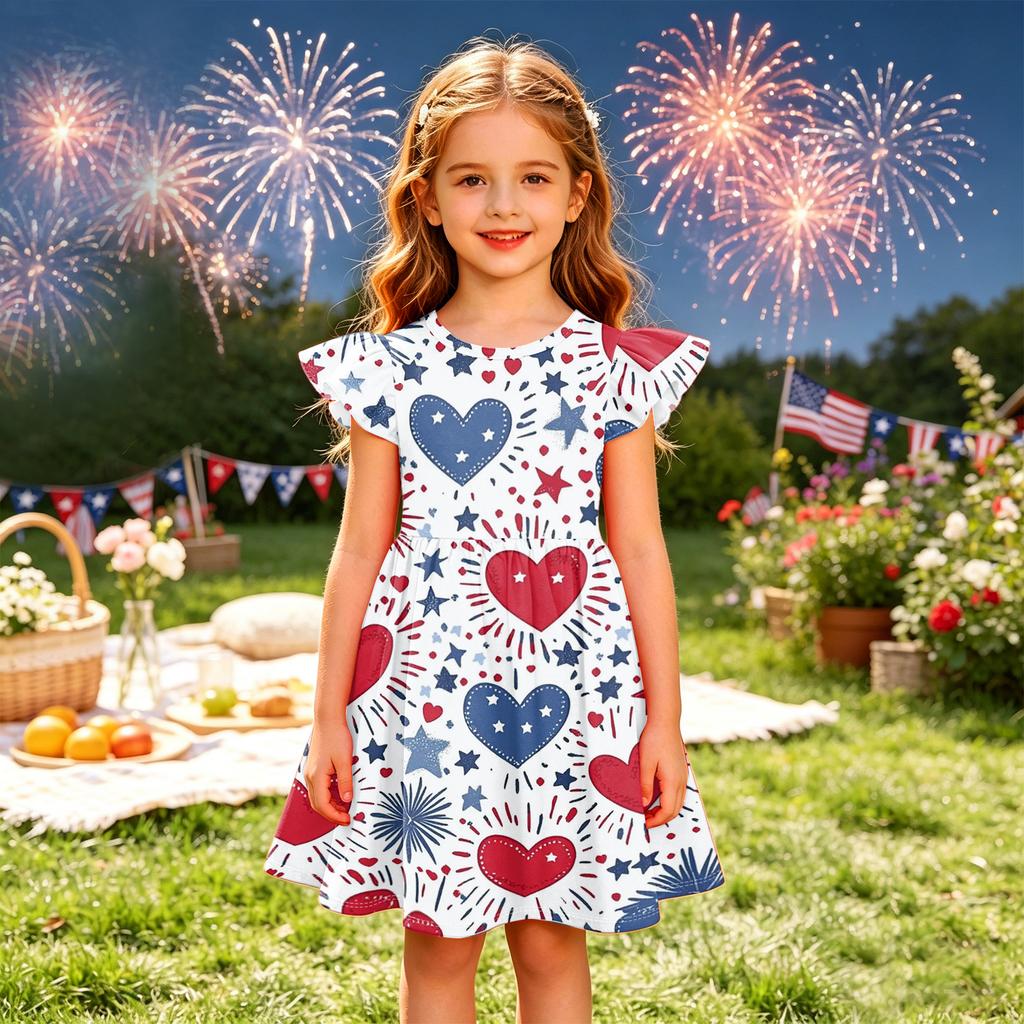 Girls Flutter Sleeve Dress Independence Day Themed Cupcake Print Spliced Skater Dress Toddler Kids Casual Party Dress