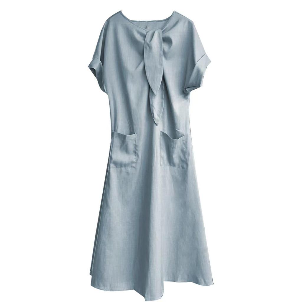 2025 Summer Elegant Plus Size Loose Long Dress with Bow Pockets and Short Sleeves