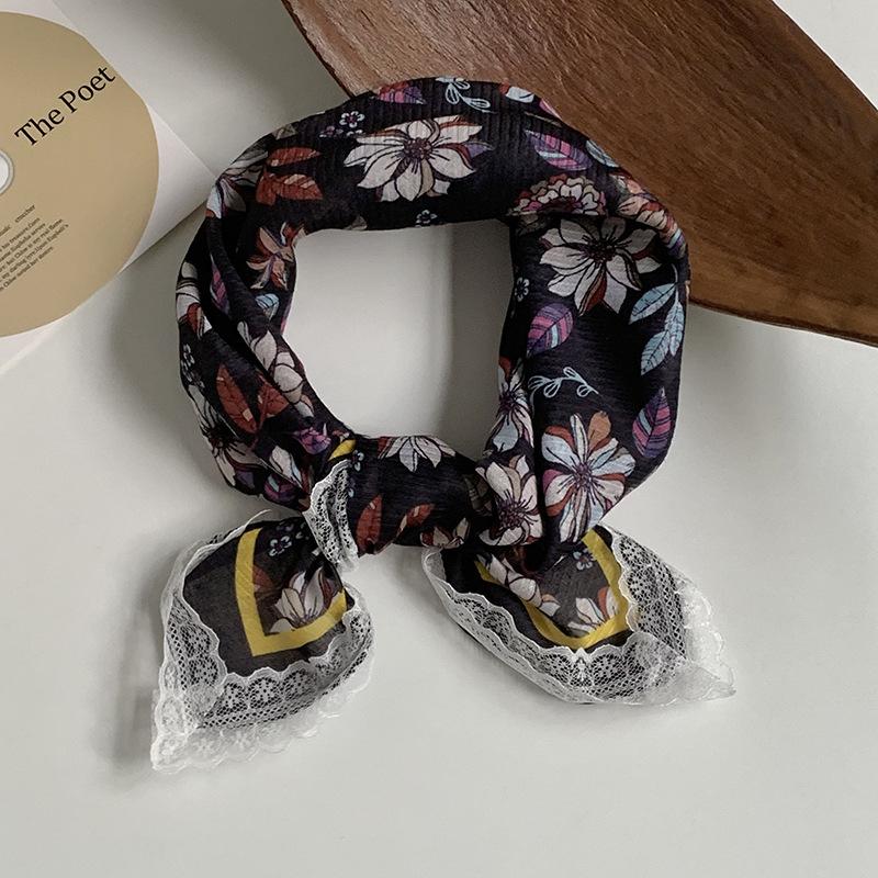Silk scarf neck small square scarf new multi-color versatile headscarf summer women's pastoral lace headband hair accessories decorative small scarf