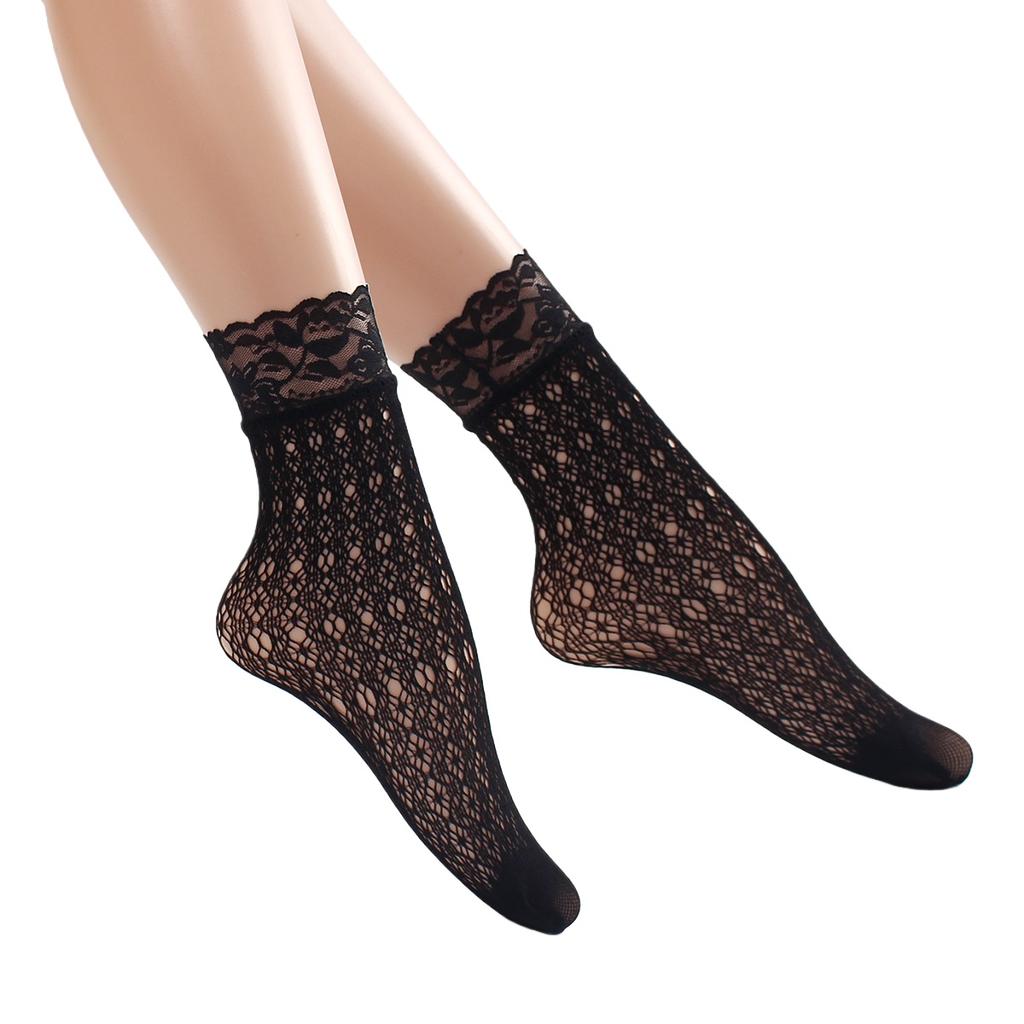Women Retro Gothic Summer Lace Top Floral Fishnet Ankle Socks Lady Black Nylon Short Lace Stockings 23 Models Shoe Size 5-10